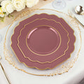 10-Pack Plastic Dessert Appetizer Plates in Cinnamon Rose Baroque Design with Scalloped Gold Rim - Heavy Duty Disposable Salad Plates 8"