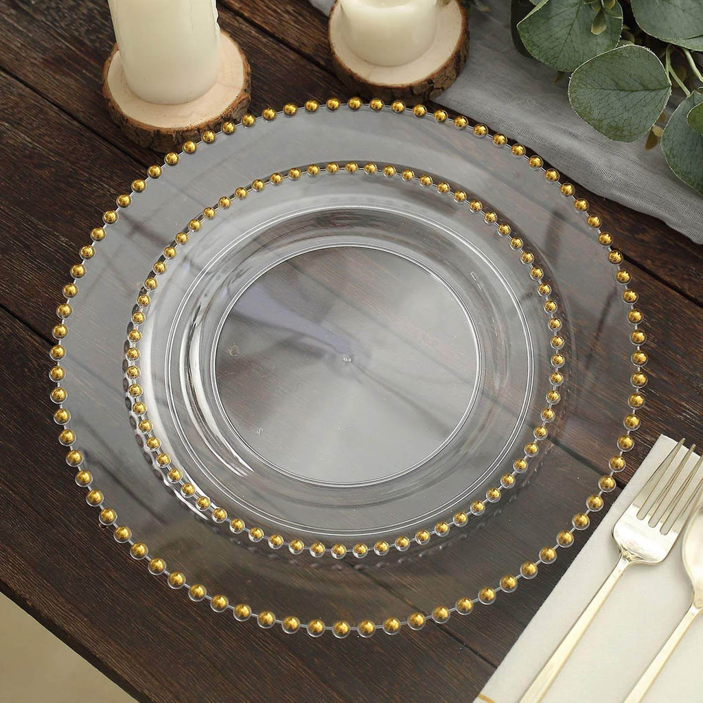 10-Pack Clear Plastic Dessert Plates â€“ 8" Round with Gold Beaded Rim, Disposable for Parties & Events