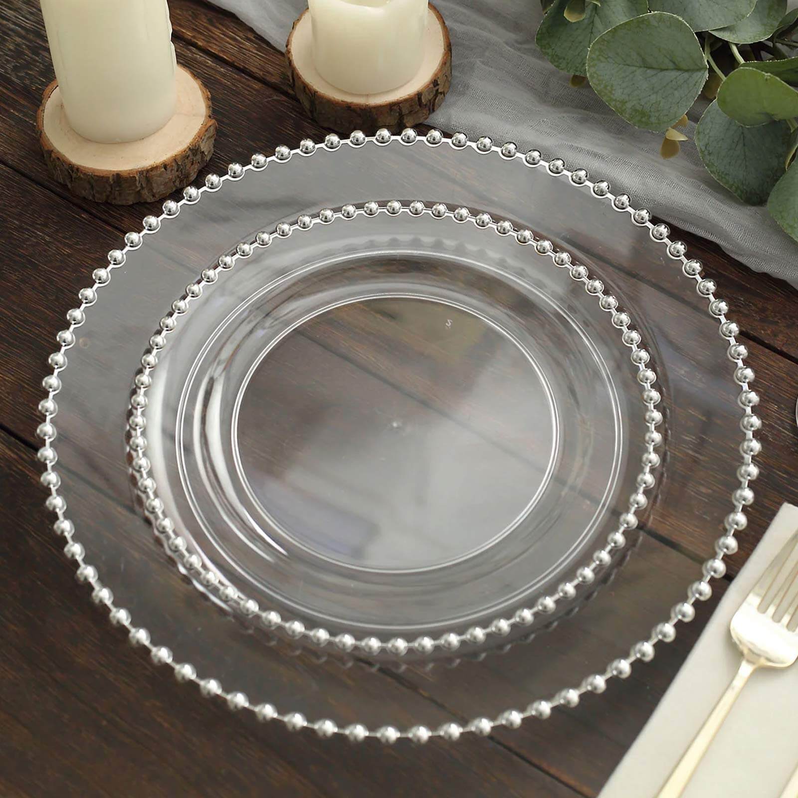 10-Pack Clear Plastic Dessert Plates â€“ 8" Round with Silver Beaded Rim, Disposable for Parties & Events