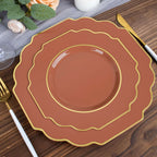 10-Pack Plastic Dessert Appetizer Plates in Terracotta (Rust) Baroque Design with Scalloped Gold Rim - Heavy Duty Disposable Salad Plates 8"