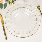 10-Pack Plastic 9" Round Dinner Plates in Clear Ruffled Rim with Gold Edging - Sturdy Disposable Dinnerware