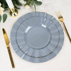 10-Pack Plastic 9" Round Dinner Plates in Dusty Blue Ruffled Rim with Gold Edging - Sturdy Disposable Dinnerware