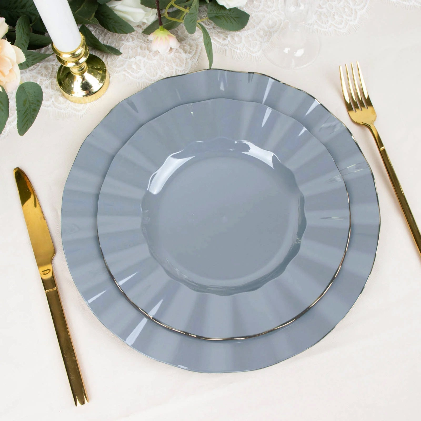 10-Pack Plastic 9" Round Dinner Plates in Dusty Blue Ruffled Rim with Gold Edging - Sturdy Disposable Dinnerware