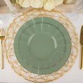 10-Pack Plastic 9" Round Dinner Plates in Dusty Sage Green Ruffled Rim with Gold Edging - Sturdy Disposable Dinnerware
