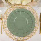 10-Pack Plastic 9" Round Dinner Plates in Dusty Sage Green Ruffled Rim with Gold Edging - Sturdy Disposable Dinnerware