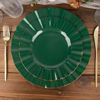 10-Pack Plastic 9" Round Dinner Plates in Hunter Emerald Green Ruffled Rim with Gold Edging - Sturdy Disposable Dinnerware