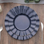 10-Pack Plastic 9" Round Dinner Plates in Navy Blue Ruffled Rim with Gold Edging - Sturdy Disposable Dinnerware