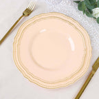 10-Pack Plastic Dinner Plates in Nude with Gold Scalloped Rim - Disposable Party Plates 9"