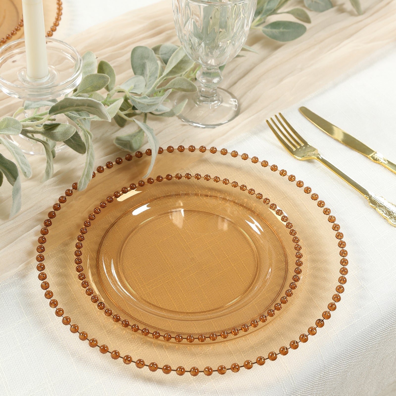 10 - Pack Amber Gold Plastic Dessert Plates â€“ 8" Round with Beaded Rim, Disposable for Parties & Events - Bell Racket Store