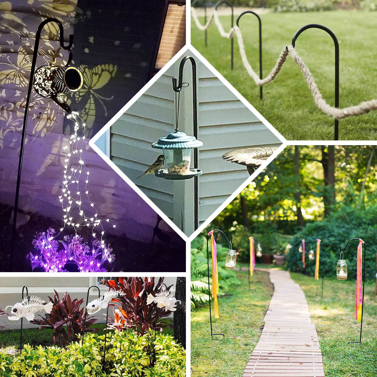 10 Pack Black Metal Shepherds Hook Lantern Hangers with 2 Prong Base, 46" Tall Outdoor Plant Hanger Stands Heavy Duty Bird Feeder Poles - Bell Racket Store