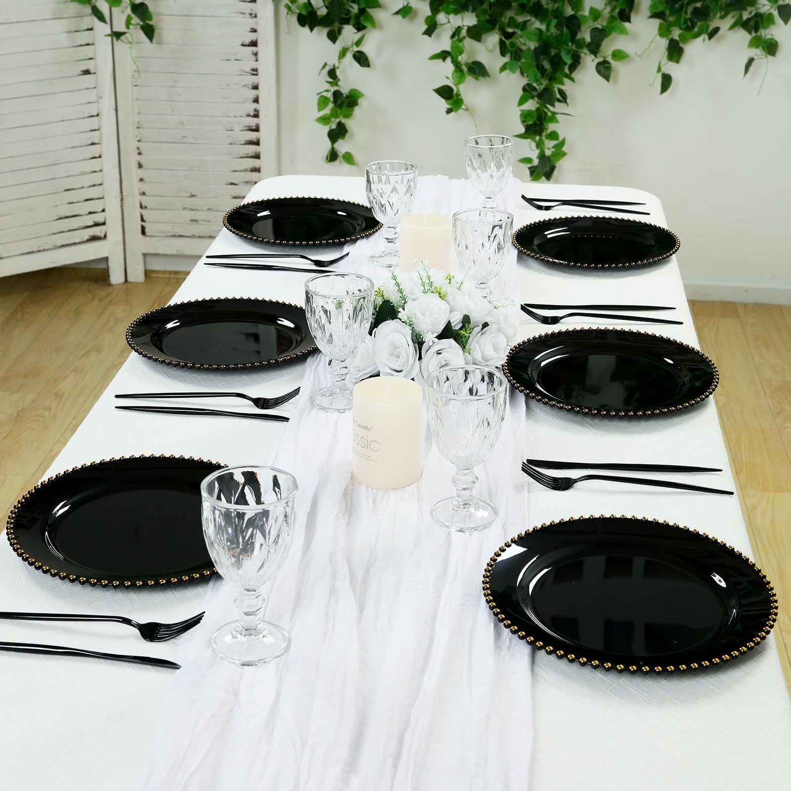 10 - Pack Black Plastic Dessert Plates â€“ 8" Round with Gold Beaded Rim, Disposable for Parties & Events - Bell Racket Store