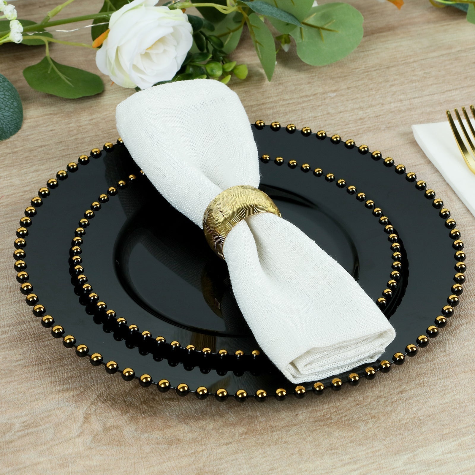10 - Pack Black Plastic Dessert Plates â€“ 8" Round with Gold Beaded Rim, Disposable for Parties & Events - Bell Racket Store