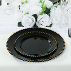 10 - Pack Black Plastic Dessert Plates â€“ 8" Round with Gold Beaded Rim, Disposable for Parties & Events - Bell Racket Store