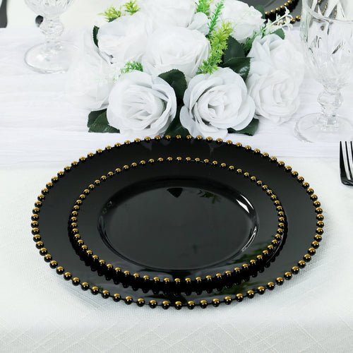 10 - Pack Black Plastic Dessert Plates â€“ 8" Round with Gold Beaded Rim, Disposable for Parties & Events - Bell Racket Store