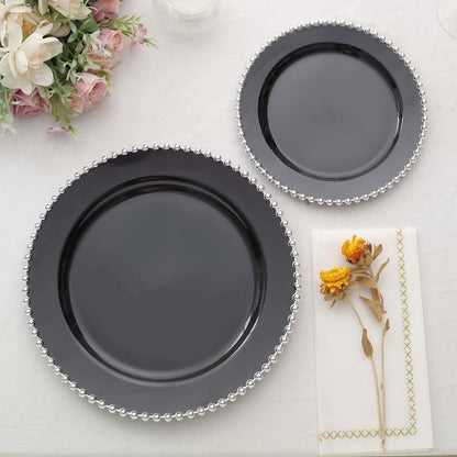 10 - Pack Black Plastic Dessert Plates â€“ 8" Round with Silver Beaded Rim, Disposable for Parties & Events - Bell Racket Store