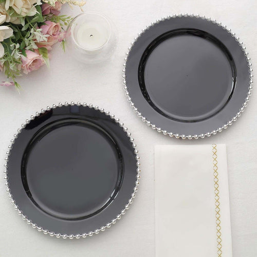 10 - Pack Black Plastic Dessert Plates â€“ 8" Round with Silver Beaded Rim, Disposable for Parties & Events - Bell Racket Store