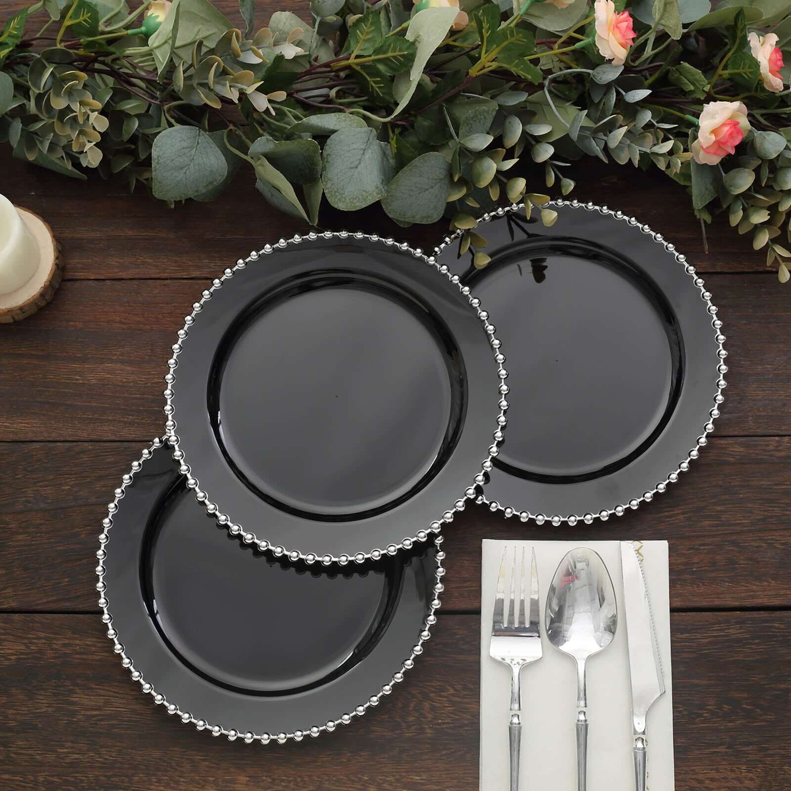 10 - Pack Black Plastic Dessert Plates â€“ 8" Round with Silver Beaded Rim, Disposable for Parties & Events - Bell Racket Store