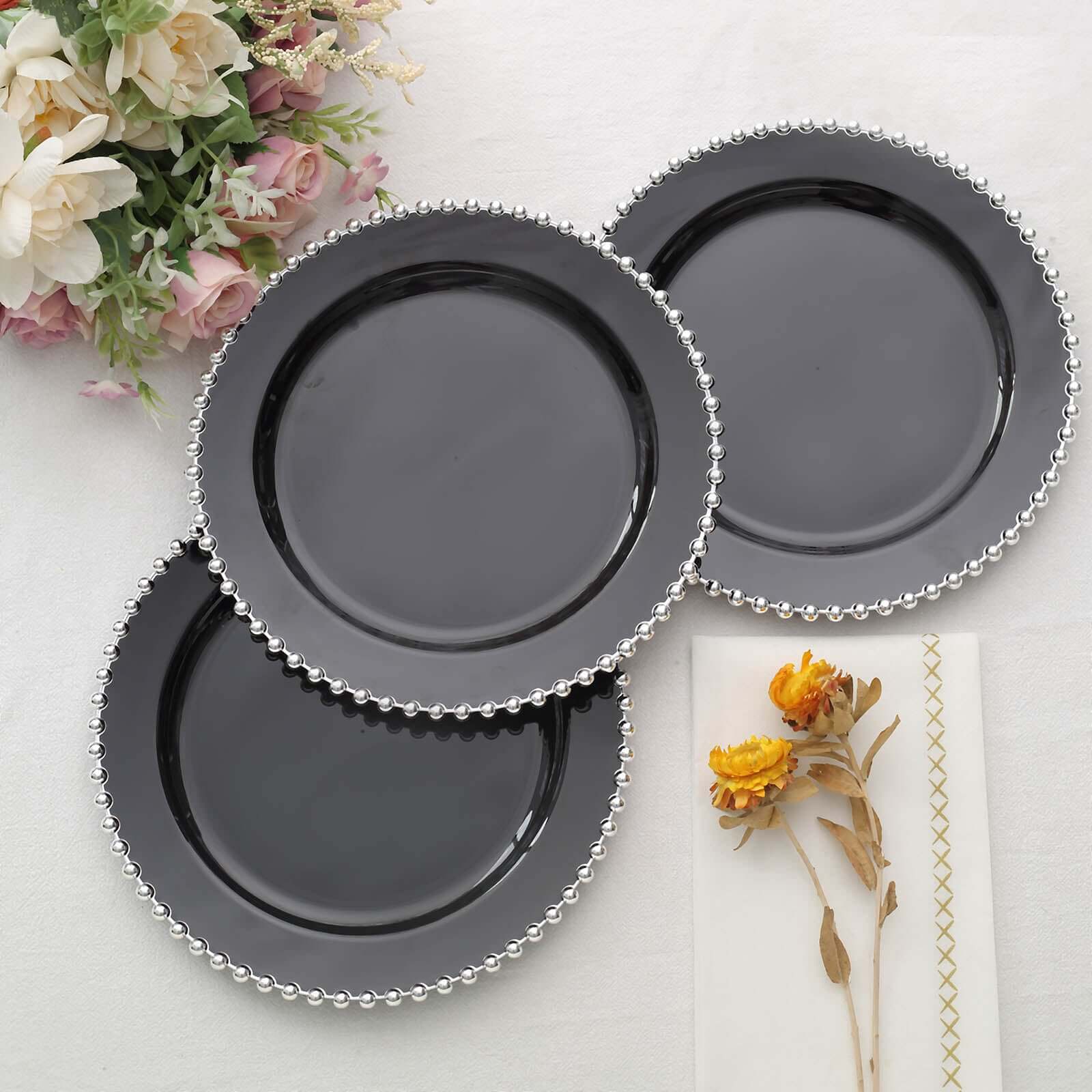 10 - Pack Black Plastic Dessert Plates â€“ 8" Round with Silver Beaded Rim, Disposable for Parties & Events - Bell Racket Store
