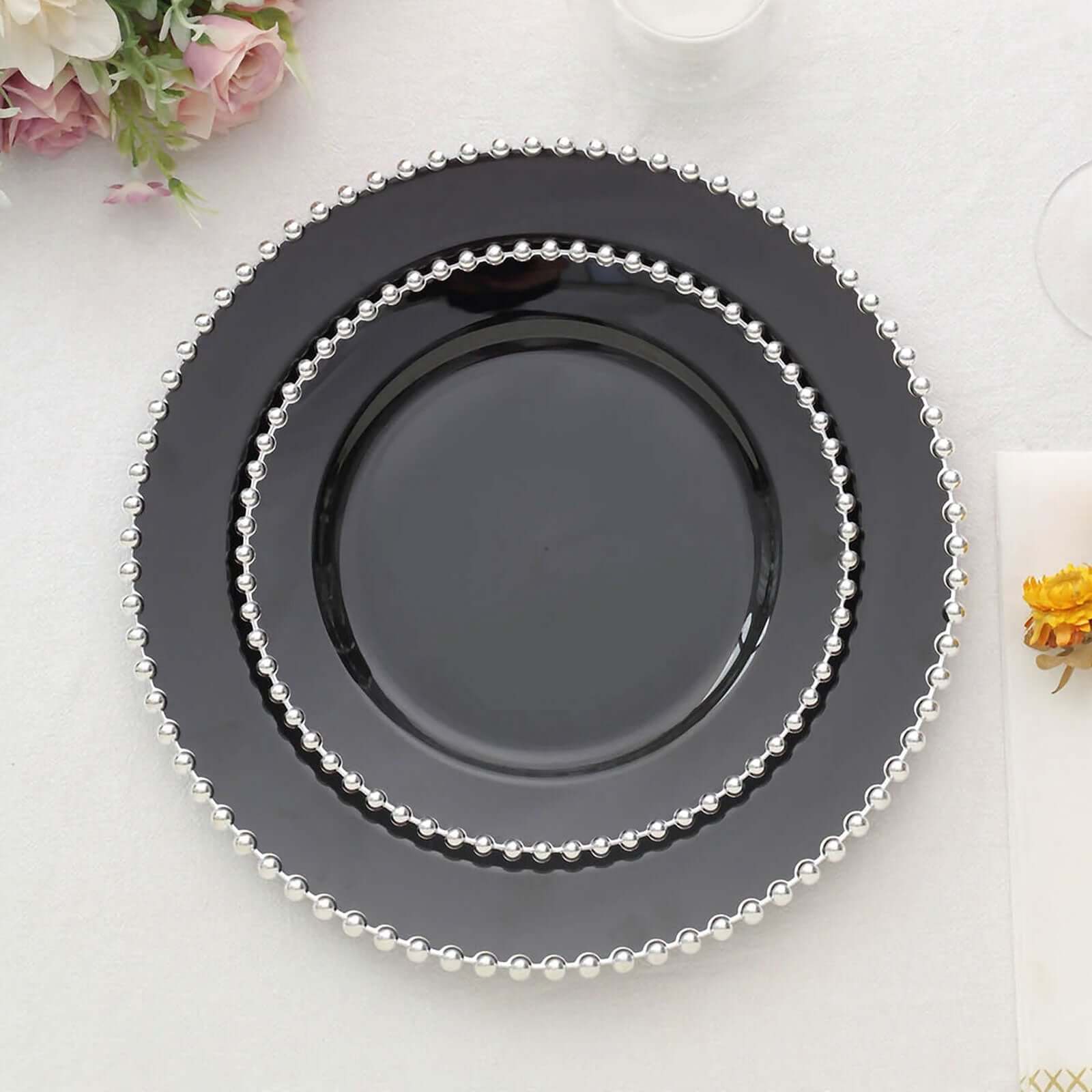 10 - Pack Black Plastic Dessert Plates â€“ 8" Round with Silver Beaded Rim, Disposable for Parties & Events - Bell Racket Store
