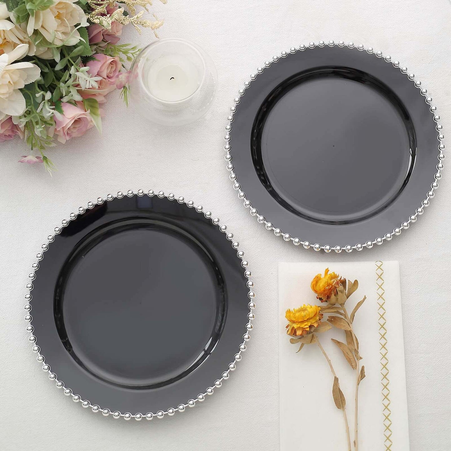 10 - Pack Black Plastic Dessert Plates â€“ 8" Round with Silver Beaded Rim, Disposable for Parties & Events - Bell Racket Store