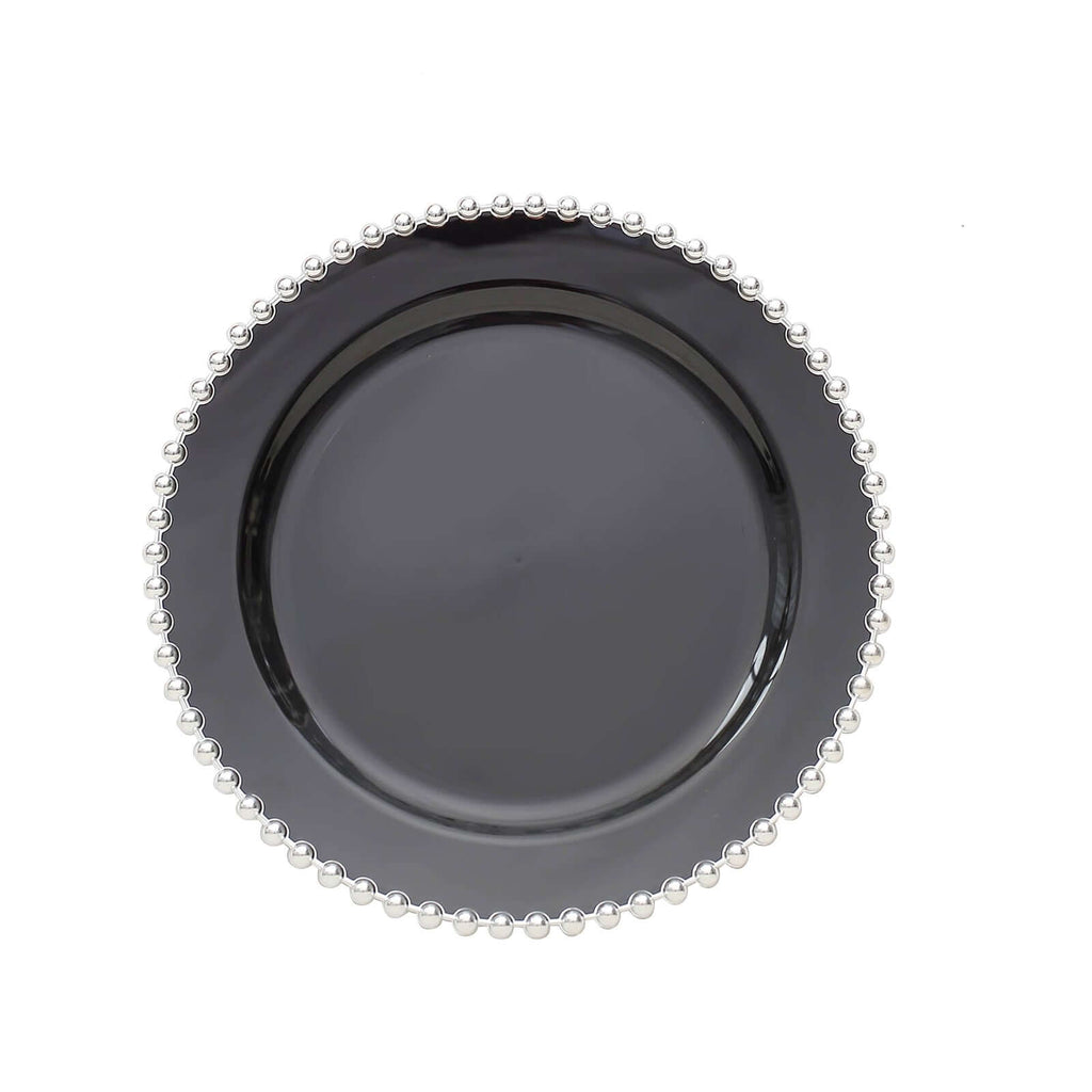 10 - Pack Black Plastic Dessert Plates â€“ 8" Round with Silver Beaded Rim, Disposable for Parties & Events - Bell Racket Store