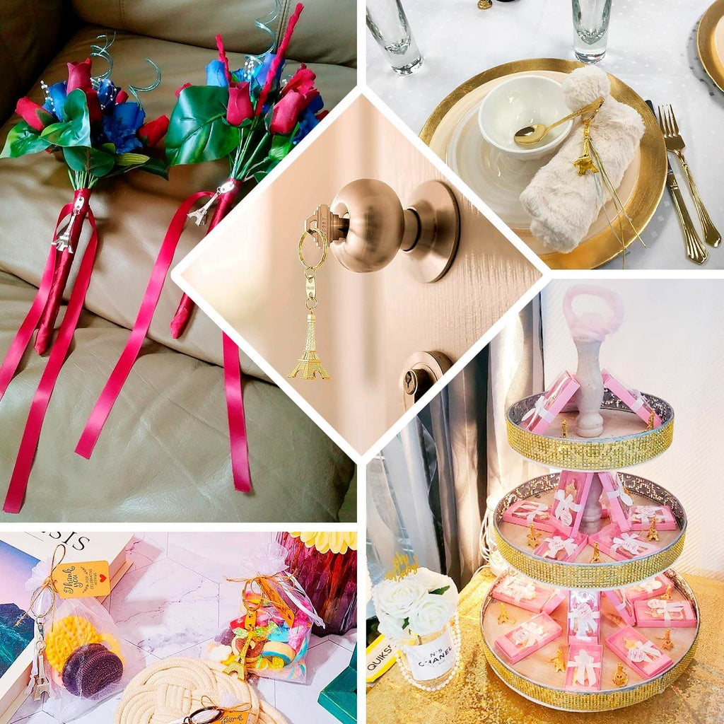 10 Pack Bronze Plastic Paris Eiffel Tower Keychain Wedding Favors, 4" Bridal Shower Party Souvenirs With Thank You Tag - Bell Racket Store