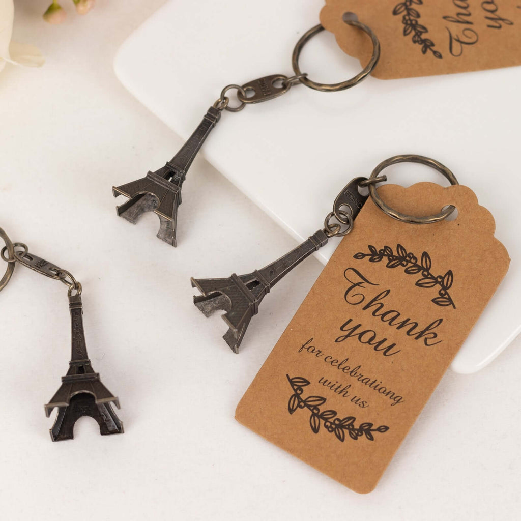 10 Pack Bronze Plastic Paris Eiffel Tower Keychain Wedding Favors, 4" Bridal Shower Party Souvenirs With Thank You Tag - Bell Racket Store