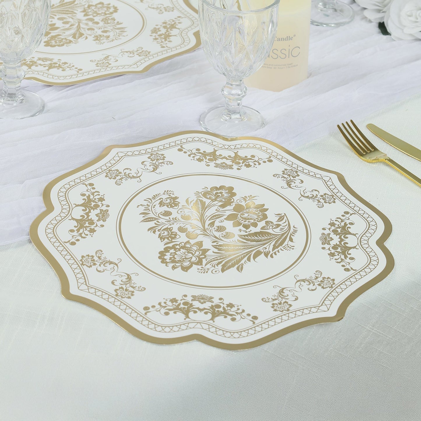10 Pack Cardboard Paper Table Mats with White Gold Damask Floral Pattern, 13" Round Disposable Placemats with Scalloped Rim - 400 GSM - Bell Racket Store