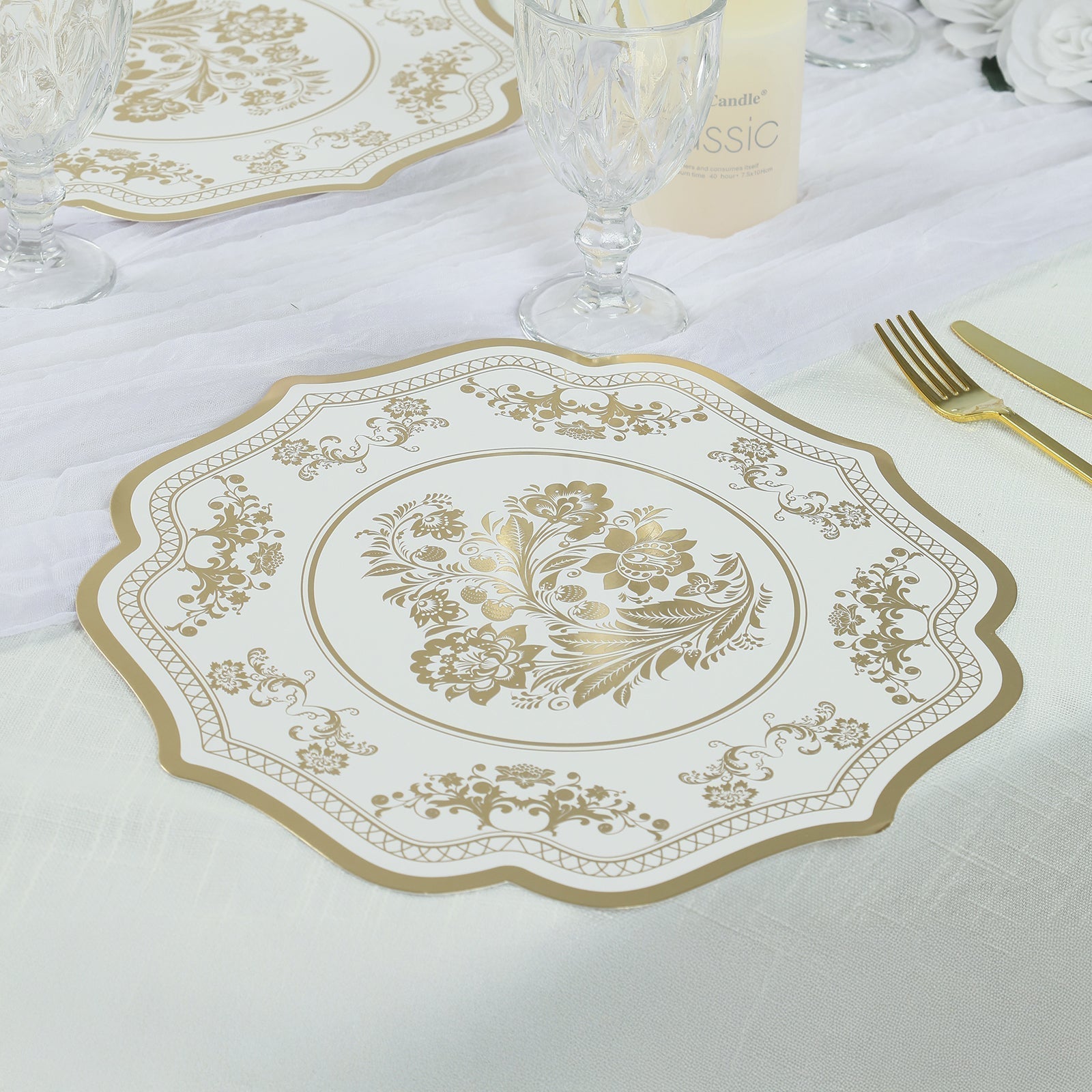 10 Pack Cardboard Paper Table Mats with White Gold Damask Floral Pattern, 13" Round Disposable Placemats with Scalloped Rim - 400 GSM - Bell Racket Store