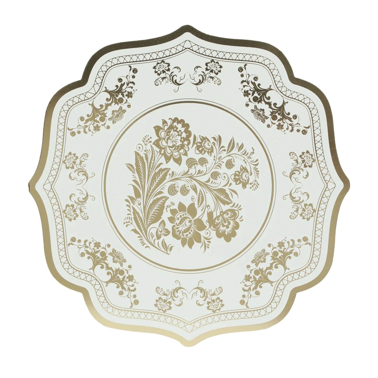 10 Pack Cardboard Paper Table Mats with White Gold Damask Floral Pattern, 13" Round Disposable Placemats with Scalloped Rim - 400 GSM - Bell Racket Store