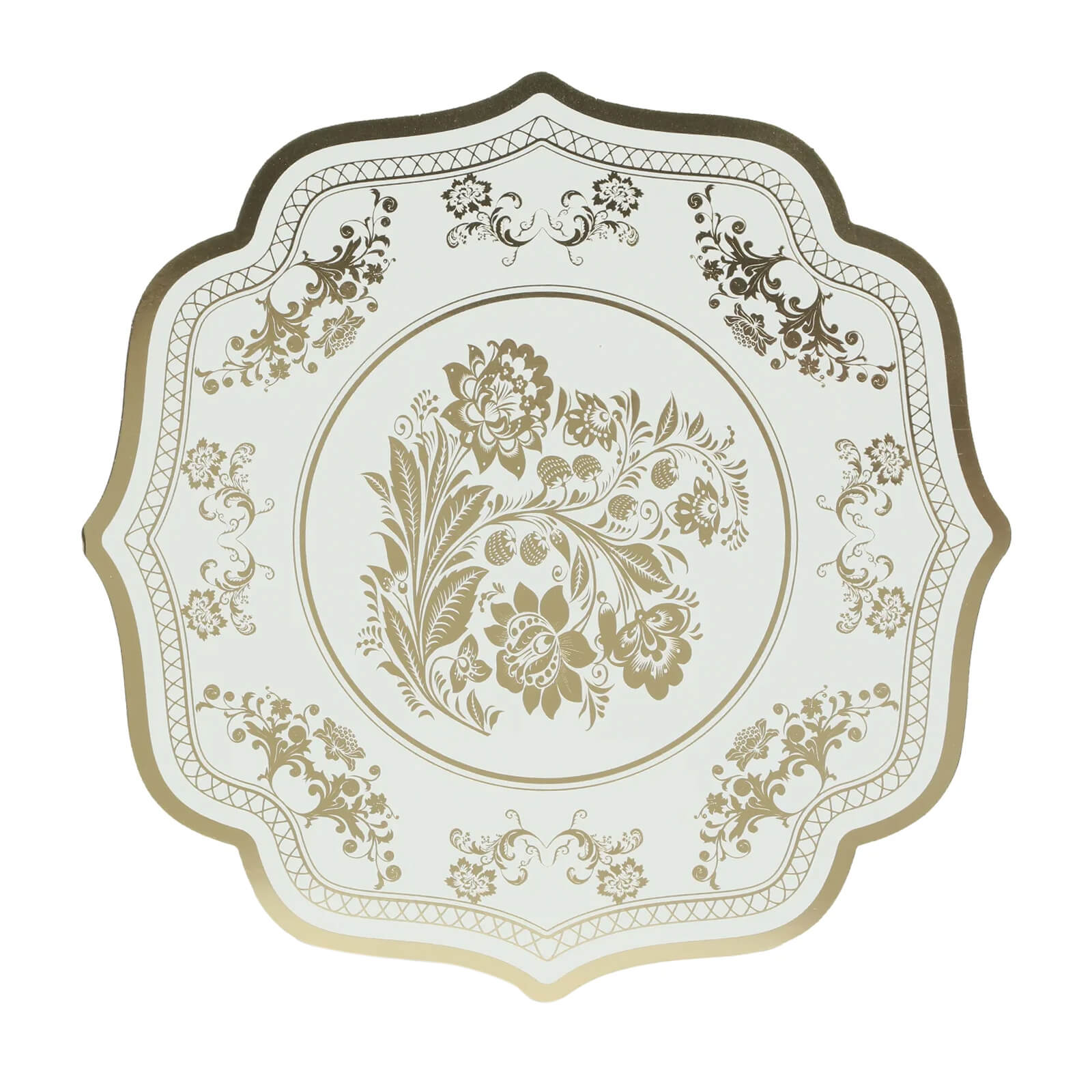 10 Pack Cardboard Paper Table Mats with White Gold Damask Floral Pattern, 13" Round Disposable Placemats with Scalloped Rim - 400 GSM - Bell Racket Store