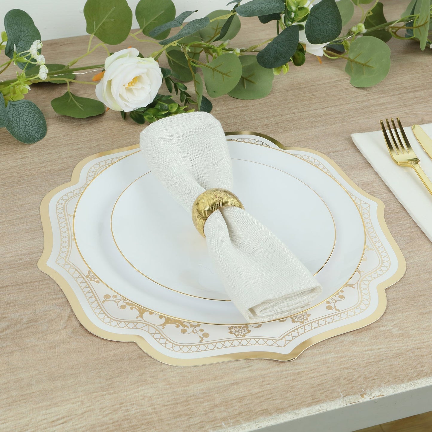 10 Pack Cardboard Paper Table Mats with White Gold Damask Floral Pattern, 13" Round Disposable Placemats with Scalloped Rim - 400 GSM - Bell Racket Store