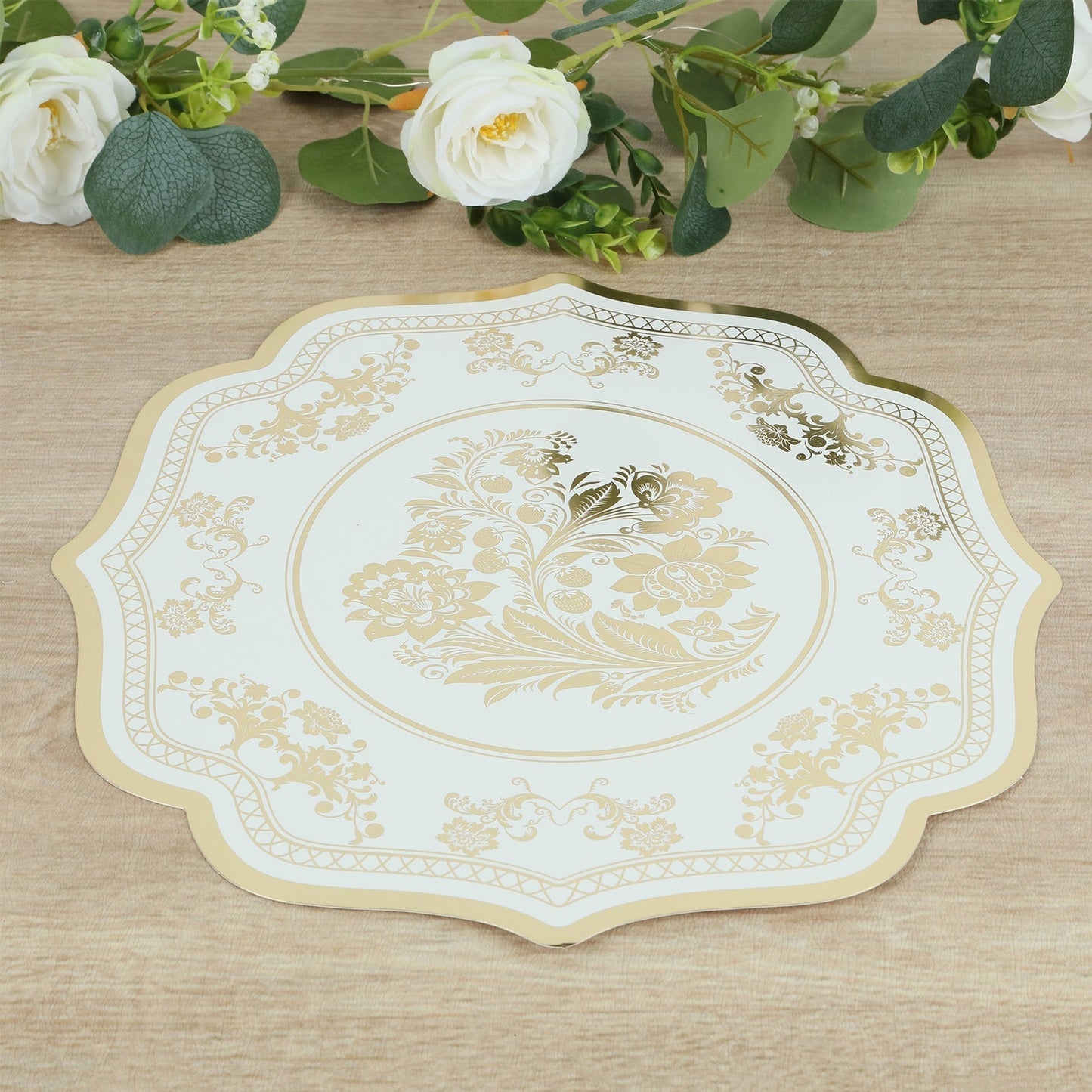 10 Pack Cardboard Paper Table Mats with White Gold Damask Floral Pattern, 13" Round Disposable Placemats with Scalloped Rim - 400 GSM - Bell Racket Store
