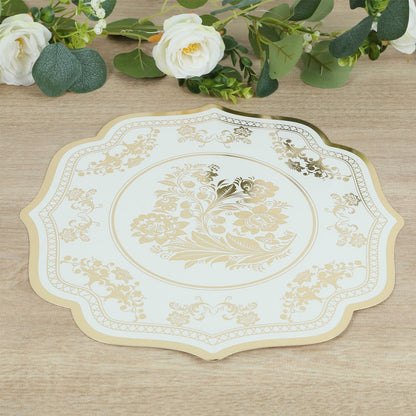 10 Pack Cardboard Paper Table Mats with White Gold Damask Floral Pattern, 13" Round Disposable Placemats with Scalloped Rim - 400 GSM - Bell Racket Store