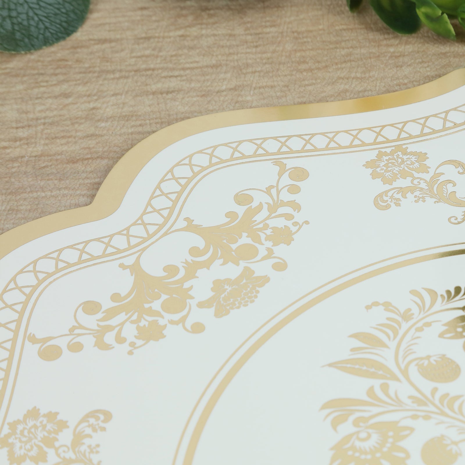 10 Pack Cardboard Paper Table Mats with White Gold Damask Floral Pattern, 13" Round Disposable Placemats with Scalloped Rim - 400 GSM - Bell Racket Store