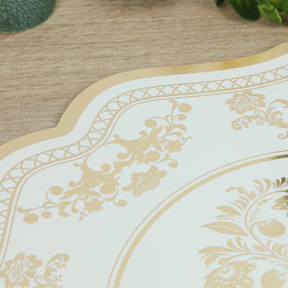 10 Pack Cardboard Paper Table Mats with White Gold Damask Floral Pattern, 13" Round Disposable Placemats with Scalloped Rim - 400 GSM - Bell Racket Store