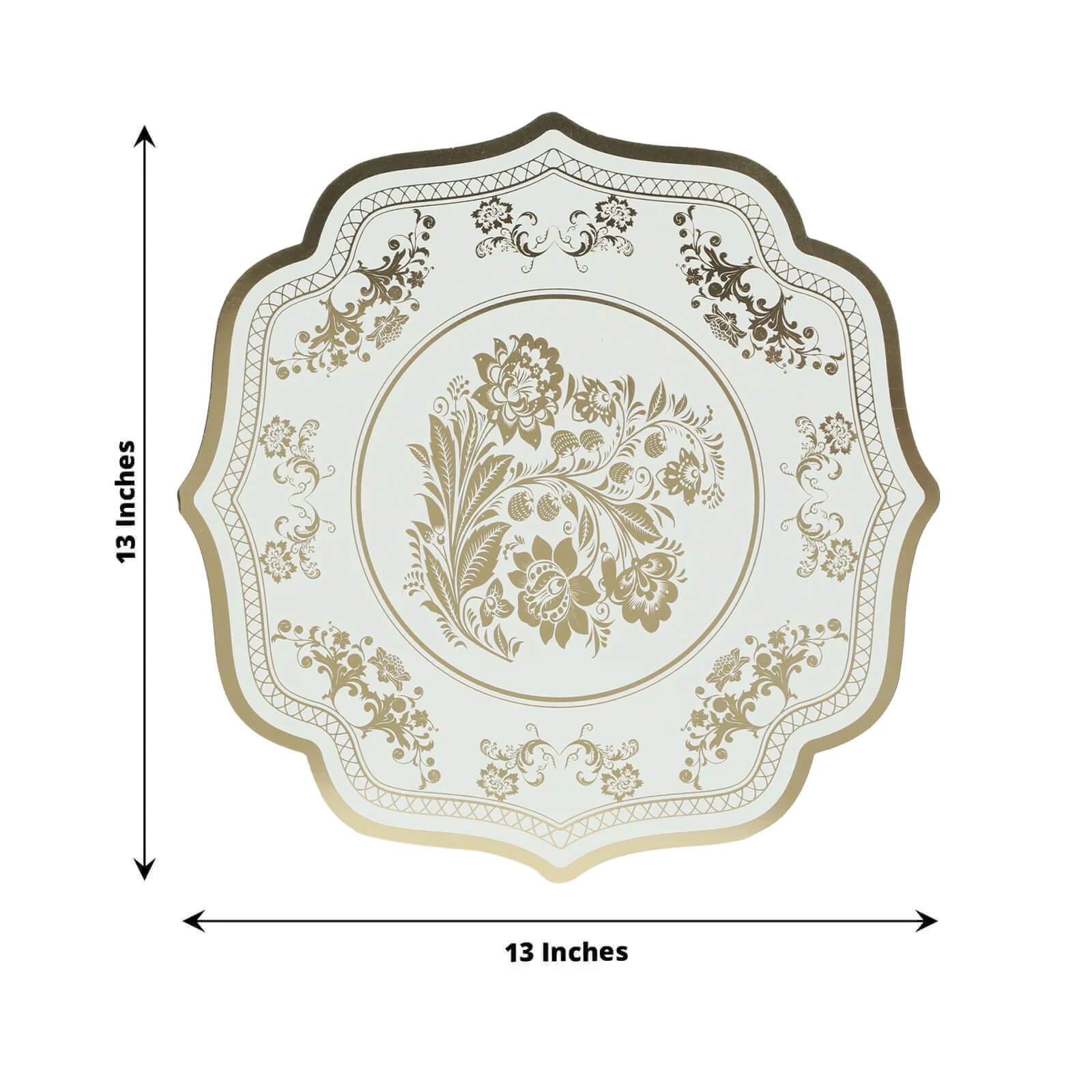 10 Pack Cardboard Paper Table Mats with White Gold Damask Floral Pattern, 13" Round Disposable Placemats with Scalloped Rim - 400 GSM - Bell Racket Store
