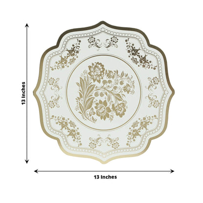 10 Pack Cardboard Paper Table Mats with White Gold Damask Floral Pattern, 13" Round Disposable Placemats with Scalloped Rim - 400 GSM - Bell Racket Store