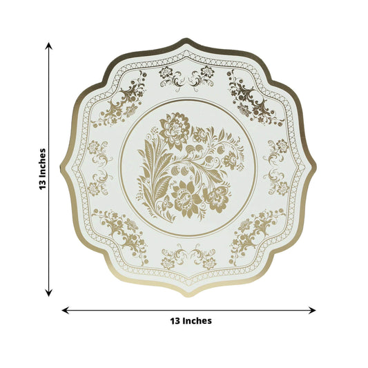 10 Pack Cardboard Paper Table Mats with White Gold Damask Floral Pattern, 13" Round Disposable Placemats with Scalloped Rim - 400 GSM - Bell Racket Store