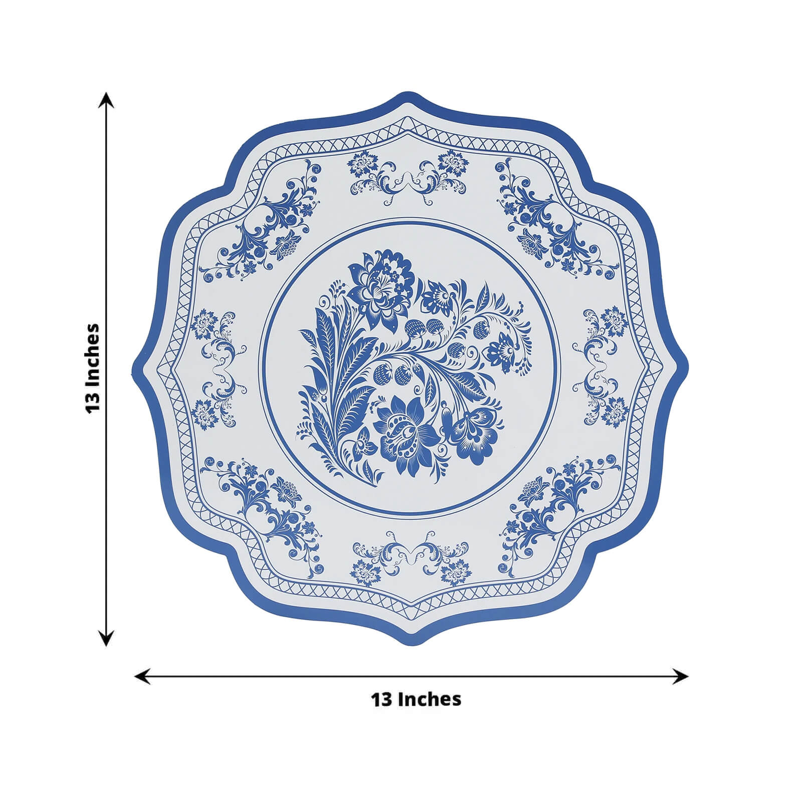 10 Pack Cardboard Paper Table Mats with White Royal Blue Damask Floral Pattern, 13" Round Disposable Placemats with Scalloped Rim - 400 GSM - Bell Racket Store