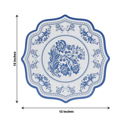 10 Pack Cardboard Paper Table Mats with White Royal Blue Damask Floral Pattern, 13" Round Disposable Placemats with Scalloped Rim - 400 GSM - Bell Racket Store