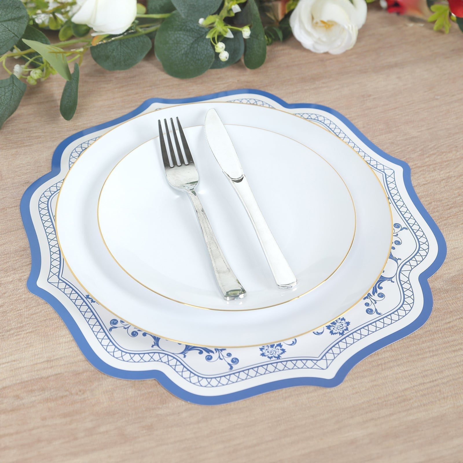 10 Pack Cardboard Paper Table Mats with White Royal Blue Damask Floral Pattern, 13" Round Disposable Placemats with Scalloped Rim - 400 GSM - Bell Racket Store