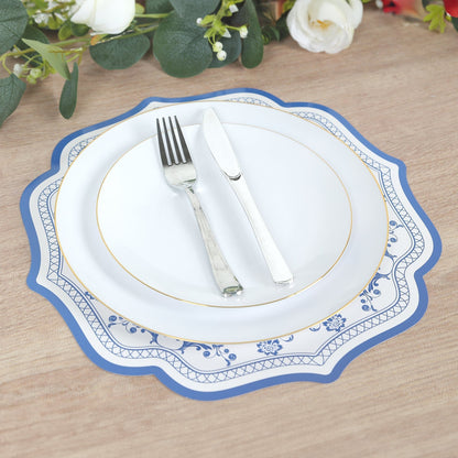 10 Pack Cardboard Paper Table Mats with White Royal Blue Damask Floral Pattern, 13" Round Disposable Placemats with Scalloped Rim - 400 GSM - Bell Racket Store