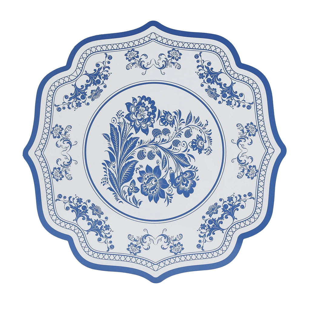 10 Pack Cardboard Paper Table Mats with White Royal Blue Damask Floral Pattern, 13" Round Disposable Placemats with Scalloped Rim - 400 GSM - Bell Racket Store