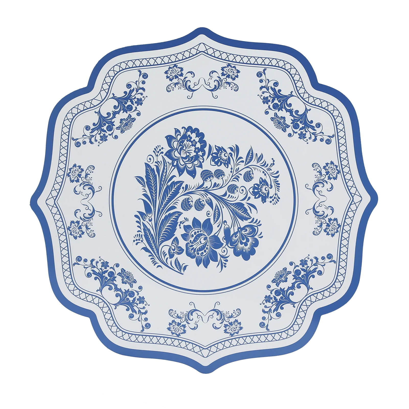10 Pack Cardboard Paper Table Mats with White Royal Blue Damask Floral Pattern, 13" Round Disposable Placemats with Scalloped Rim - 400 GSM - Bell Racket Store