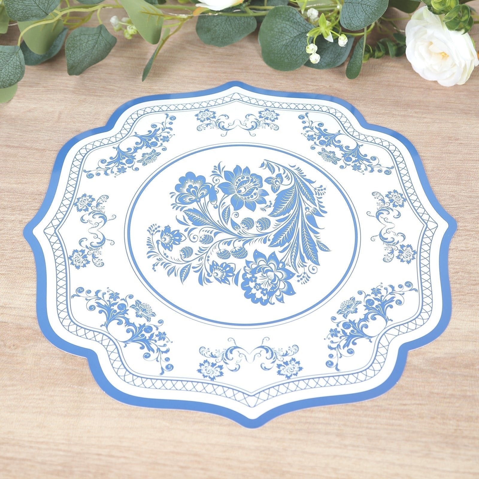 10 Pack Cardboard Paper Table Mats with White Royal Blue Damask Floral Pattern, 13" Round Disposable Placemats with Scalloped Rim - 400 GSM - Bell Racket Store