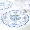 10 Pack Cardboard Paper Table Mats with White Royal Blue Damask Floral Pattern, 13" Round Disposable Placemats with Scalloped Rim - 400 GSM - Bell Racket Store
