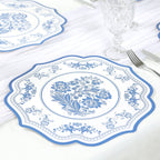 10 Pack Cardboard Paper Table Mats with White Royal Blue Damask Floral Pattern, 13" Round Disposable Placemats with Scalloped Rim - 400 GSM - Bell Racket Store