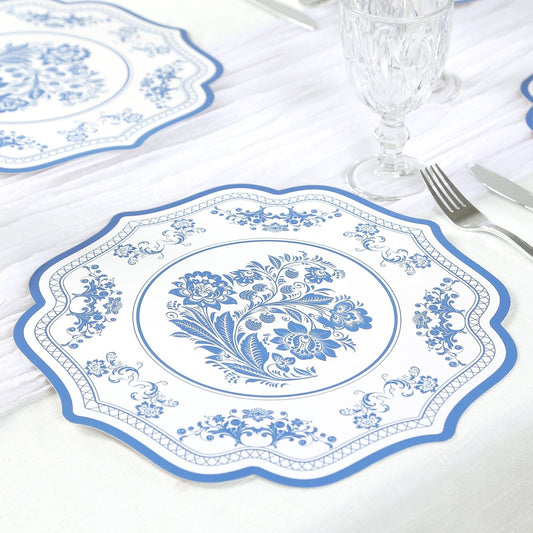 10 Pack Cardboard Paper Table Mats with White Royal Blue Damask Floral Pattern, 13" Round Disposable Placemats with Scalloped Rim - 400 GSM - Bell Racket Store