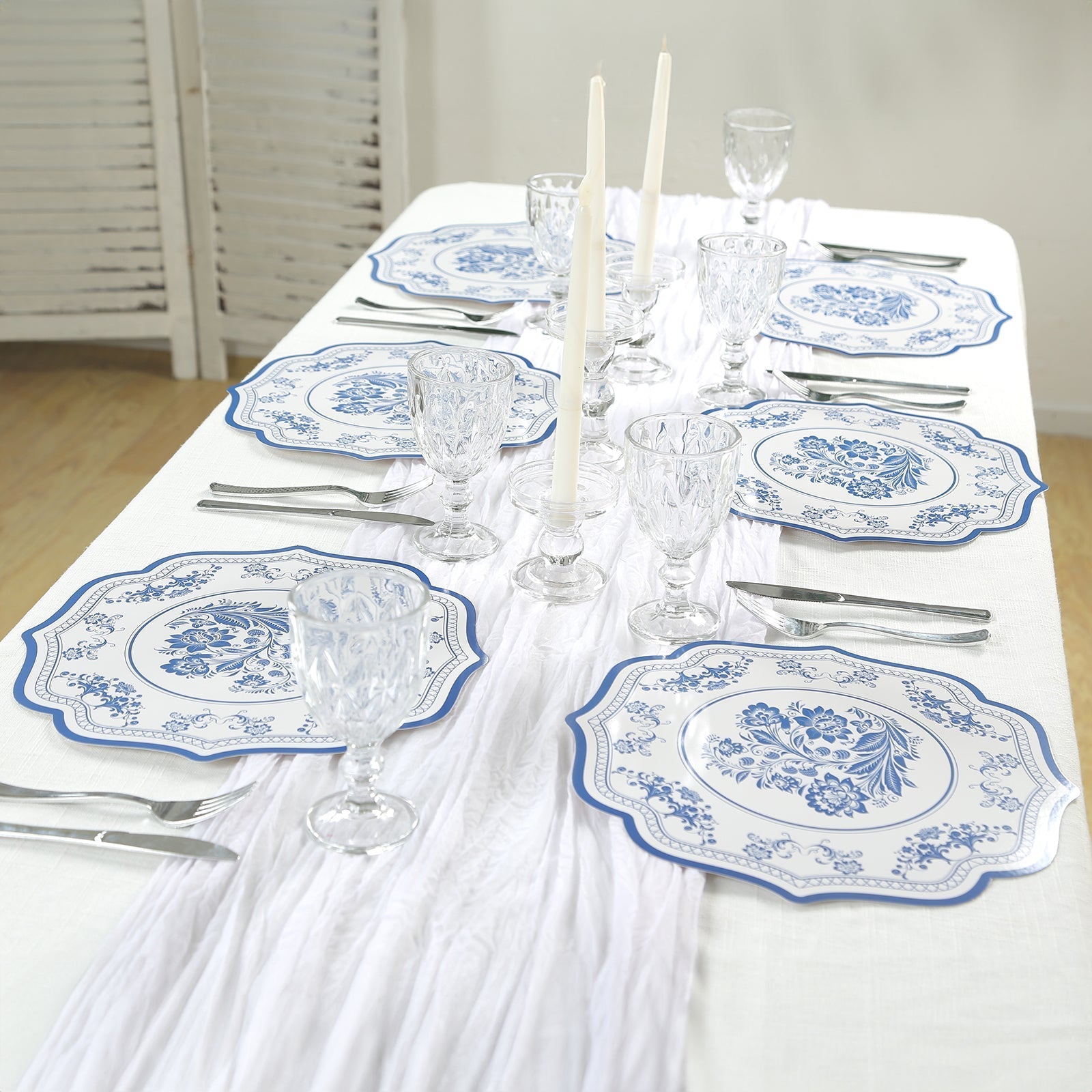 10 Pack Cardboard Paper Table Mats with White Royal Blue Damask Floral Pattern, 13" Round Disposable Placemats with Scalloped Rim - 400 GSM - Bell Racket Store